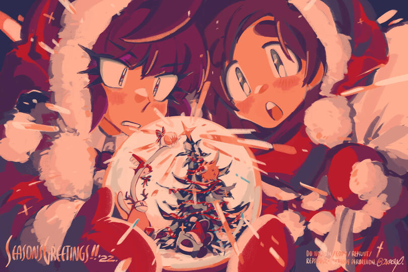 MURASAKI and MIDORI wearing a Santa Claus outfit and is looking at the shining Christmas snow globe with the kaijyus inside.